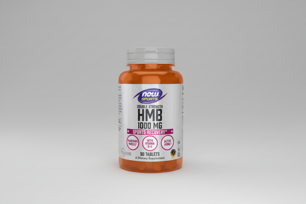 Supplement bottle labeled 'HMB 1000 MG' with Now Sports branding on a white background