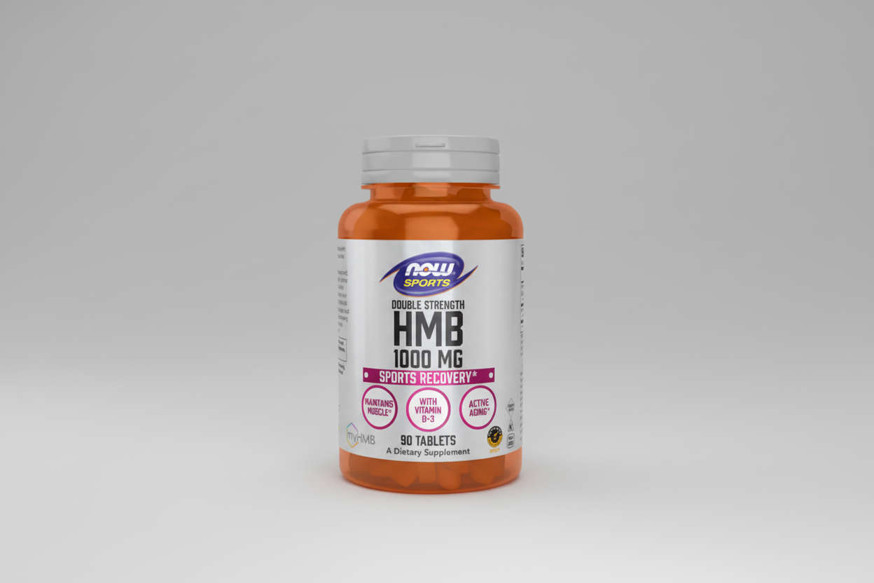 Supplement bottle labeled 'HMB 1000 MG' with Now Sports branding on a white background