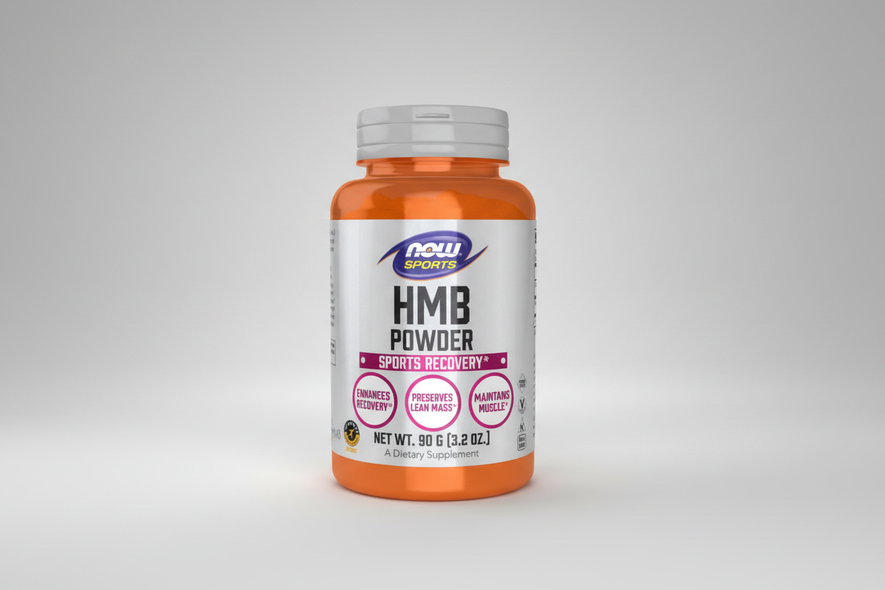 Supplement bottle labeled 'HMB Powder' by NOW Sports on a white background