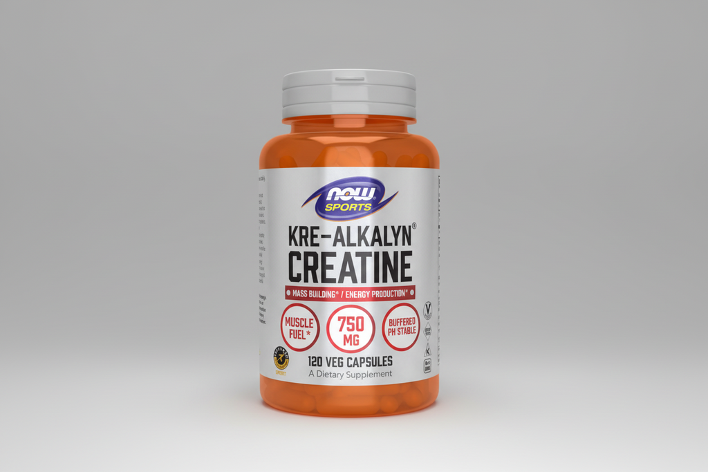 Supplement bottle of Kre-Alkalyn Creatine with Now Sports label on a white background