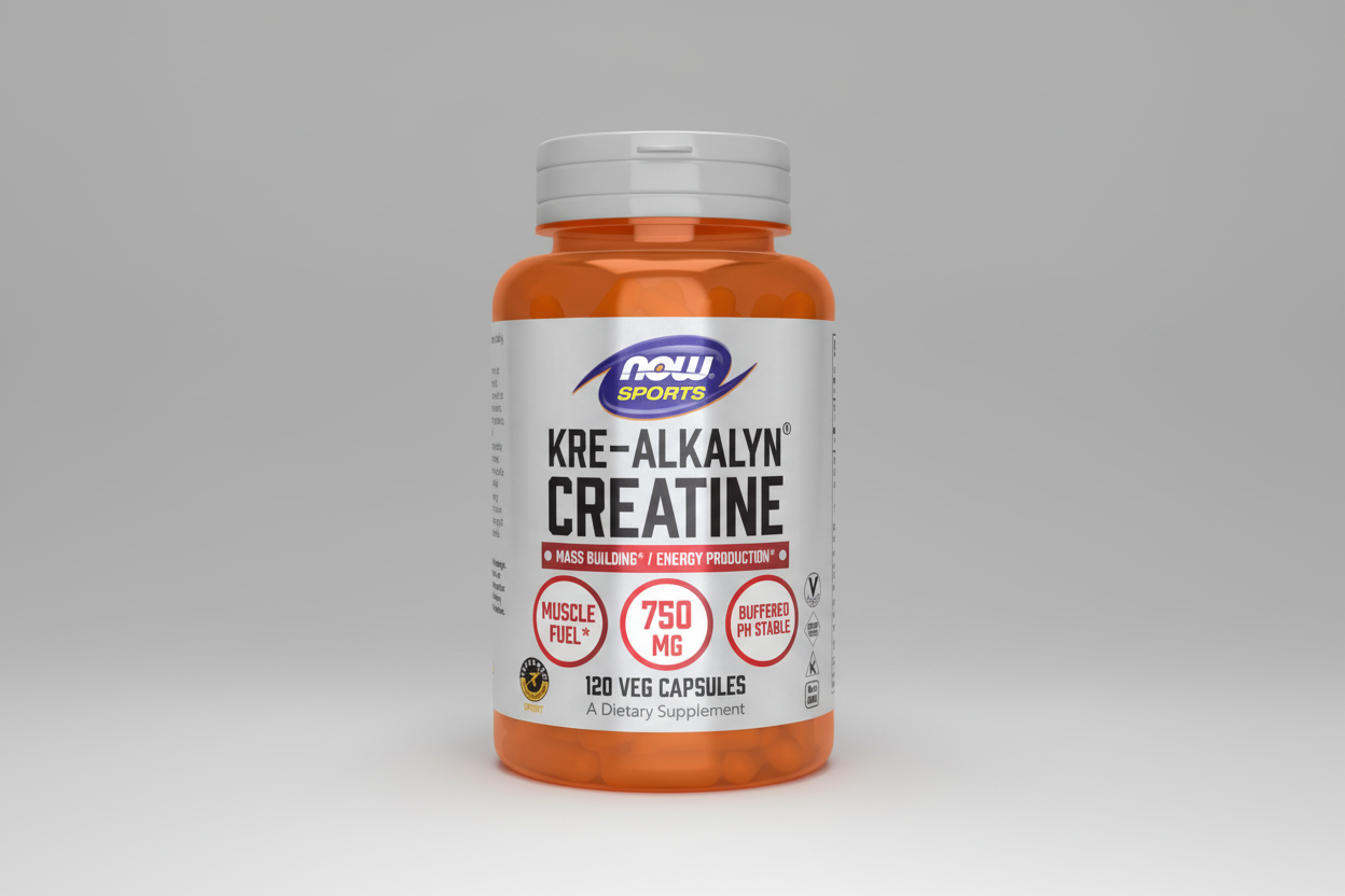 Supplement bottle of Kre-Alkalyn Creatine with Now Sports label on a white background