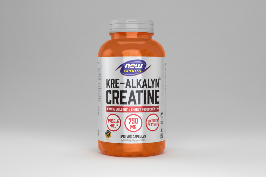 Supplement bottle labeled 'Kre-Alkalyn Creatine' by Now Sports on a white background