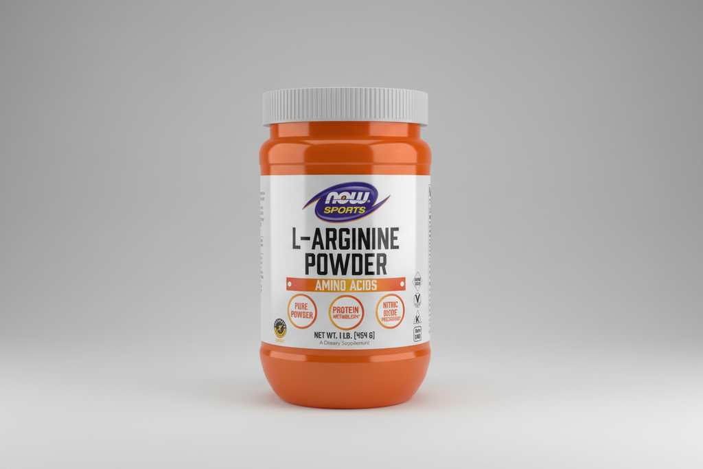 Orange container of L-Arginine powder with a white label on a white background