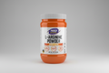 Orange container of L-Arginine powder with a white label on a white background