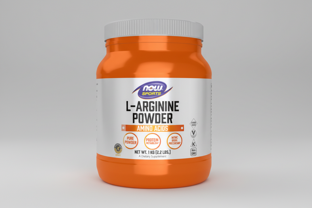 Orange container of L-Arginine Powder with Now Sports label on a white background