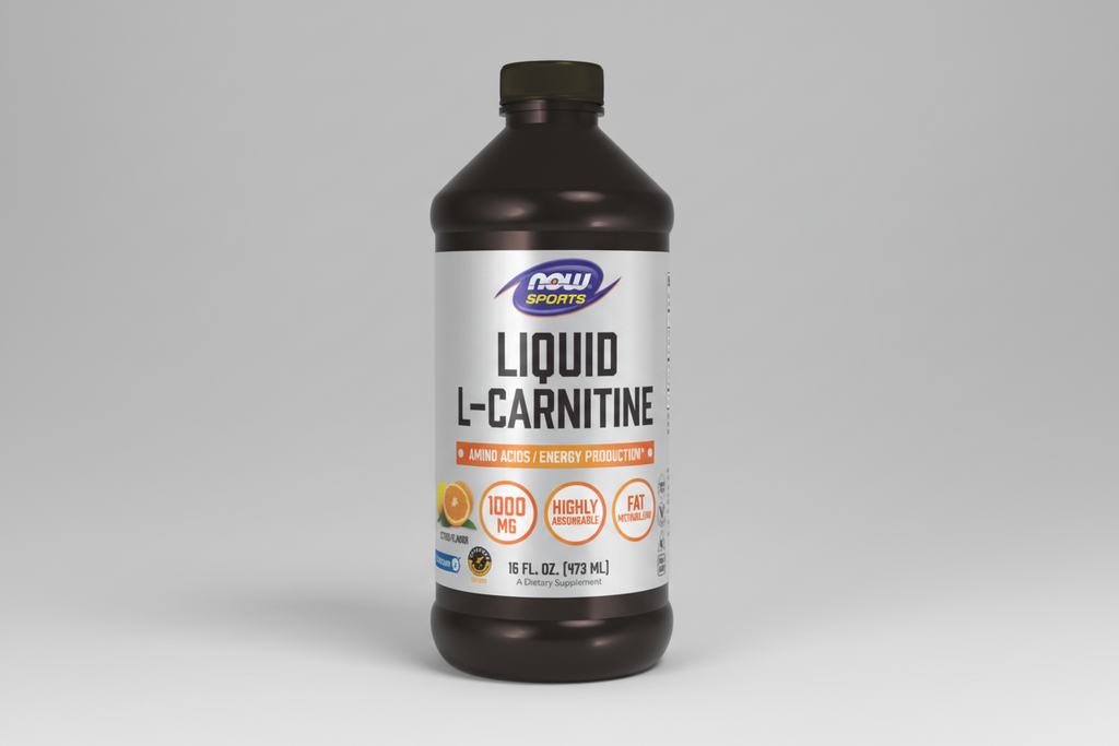 Bottle of NOW Sports Liquid L-Carnitine on a white background