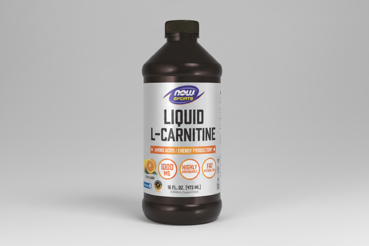 Bottle of NOW Sports Liquid L-Carnitine on a white background