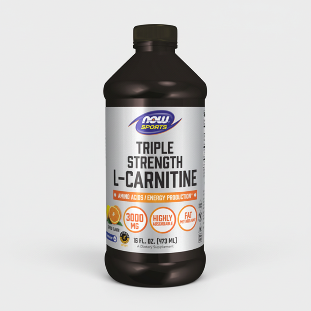 Bottle of NOW Sports Triple Strength L-Carnitine supplement on a white background
