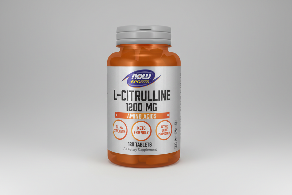 Supplement bottle labeled 'L-Citrulline 1200 MG' by NOW Sports on a white background