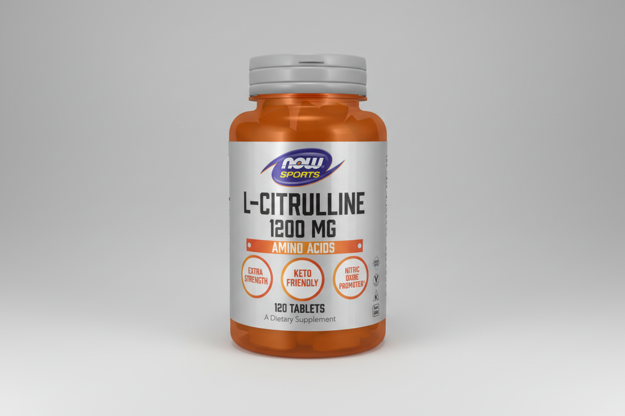 Supplement bottle labeled 'L-Citrulline 1200 MG' by NOW Sports on a white background