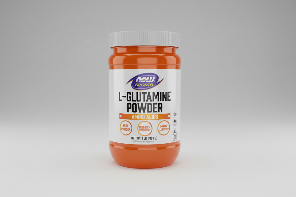 Orange and white container of L-Glutamine Powder by NOW Sports on a white background