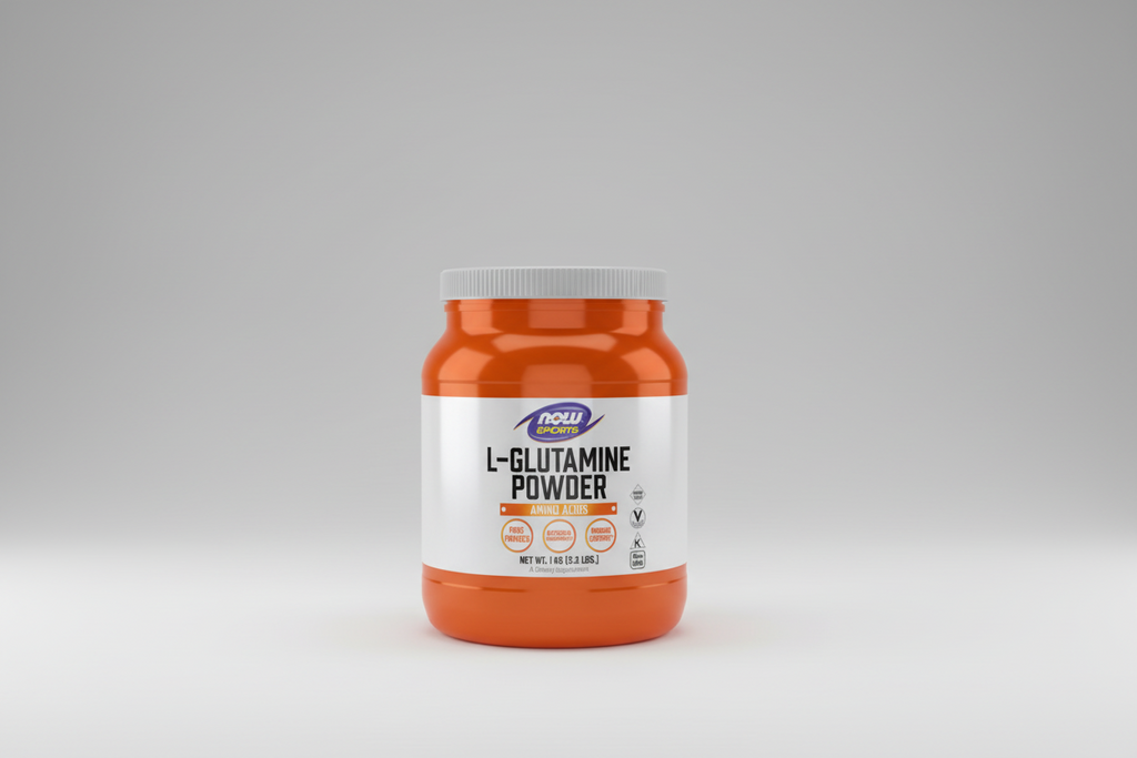 Orange container of L-Glutamine Powder with Now Sports label on a white background
