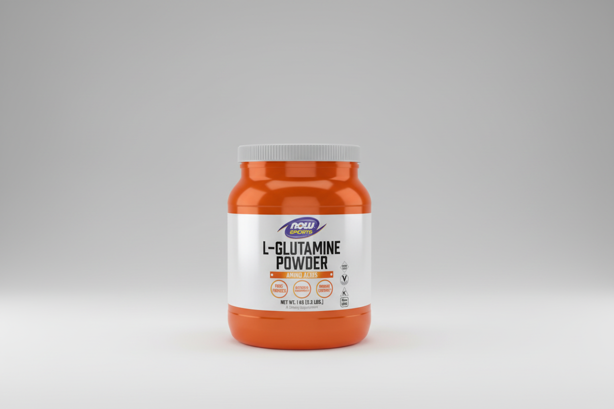 Orange container of L-Glutamine Powder with Now Sports label on a white background