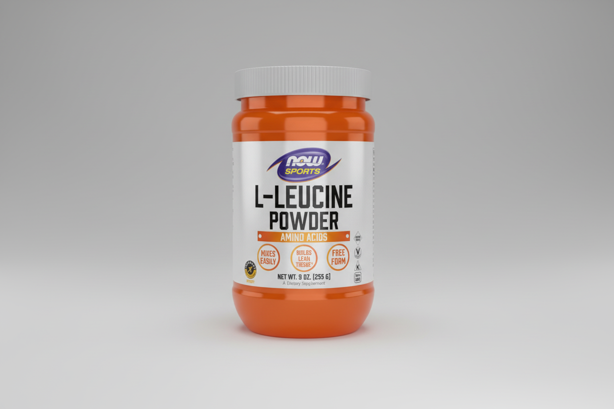 Orange and white container of L-Leucine Powder by NOW Sports on a white background
