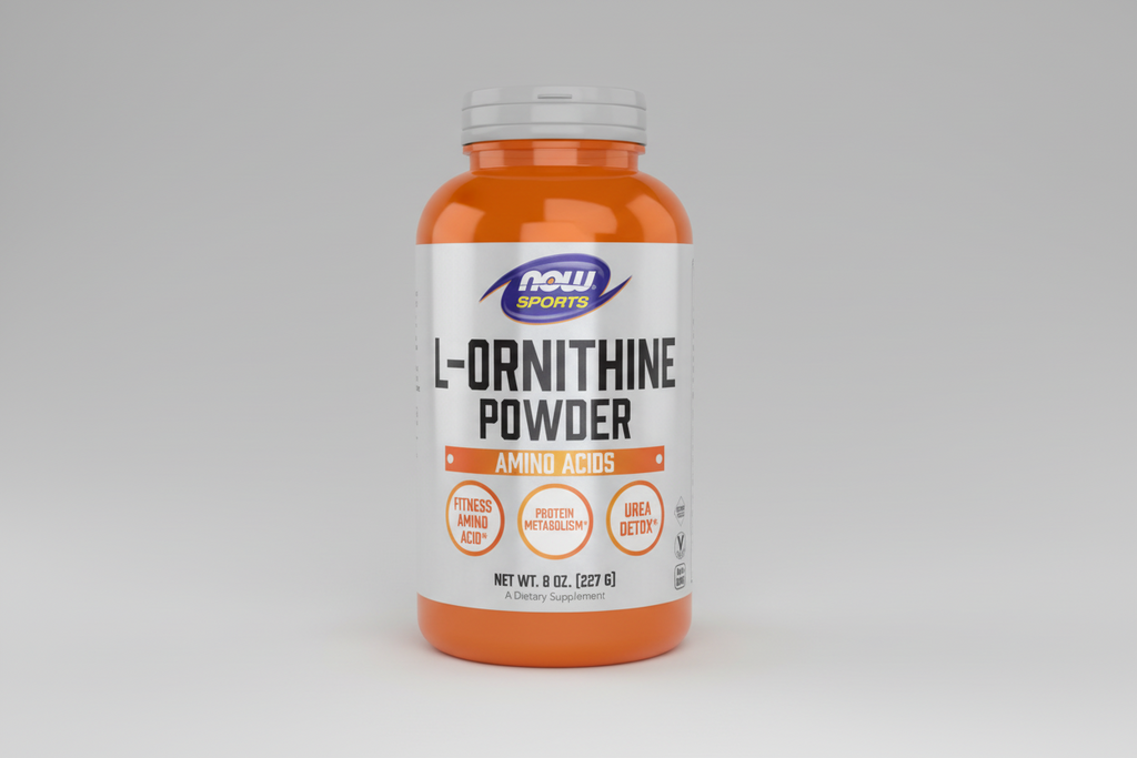Supplement bottle labeled 'L-Ornithine Powder' by NOW Sports on a white background