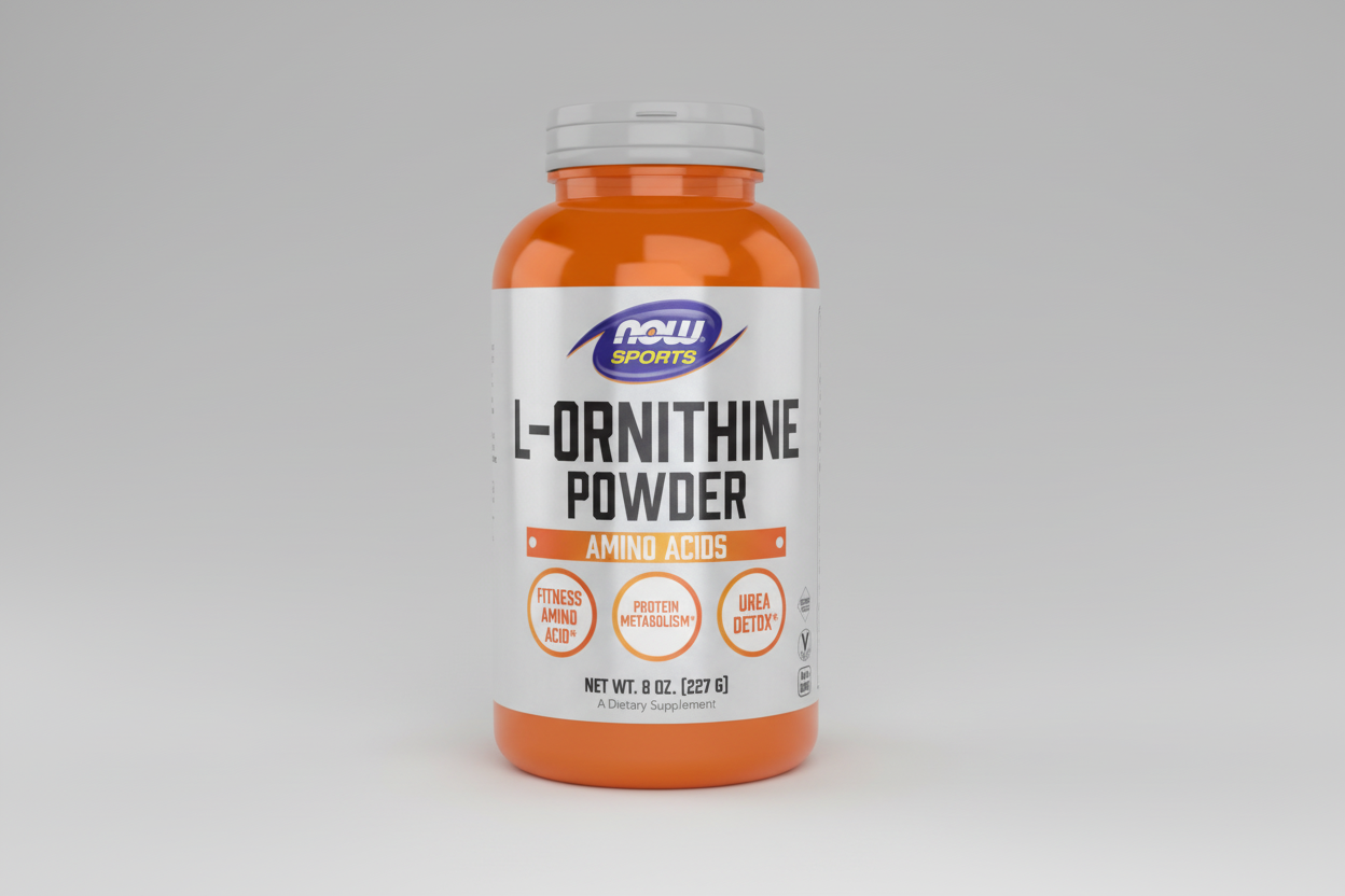 Supplement bottle labeled 'L-Ornithine Powder' by NOW Sports on a white background