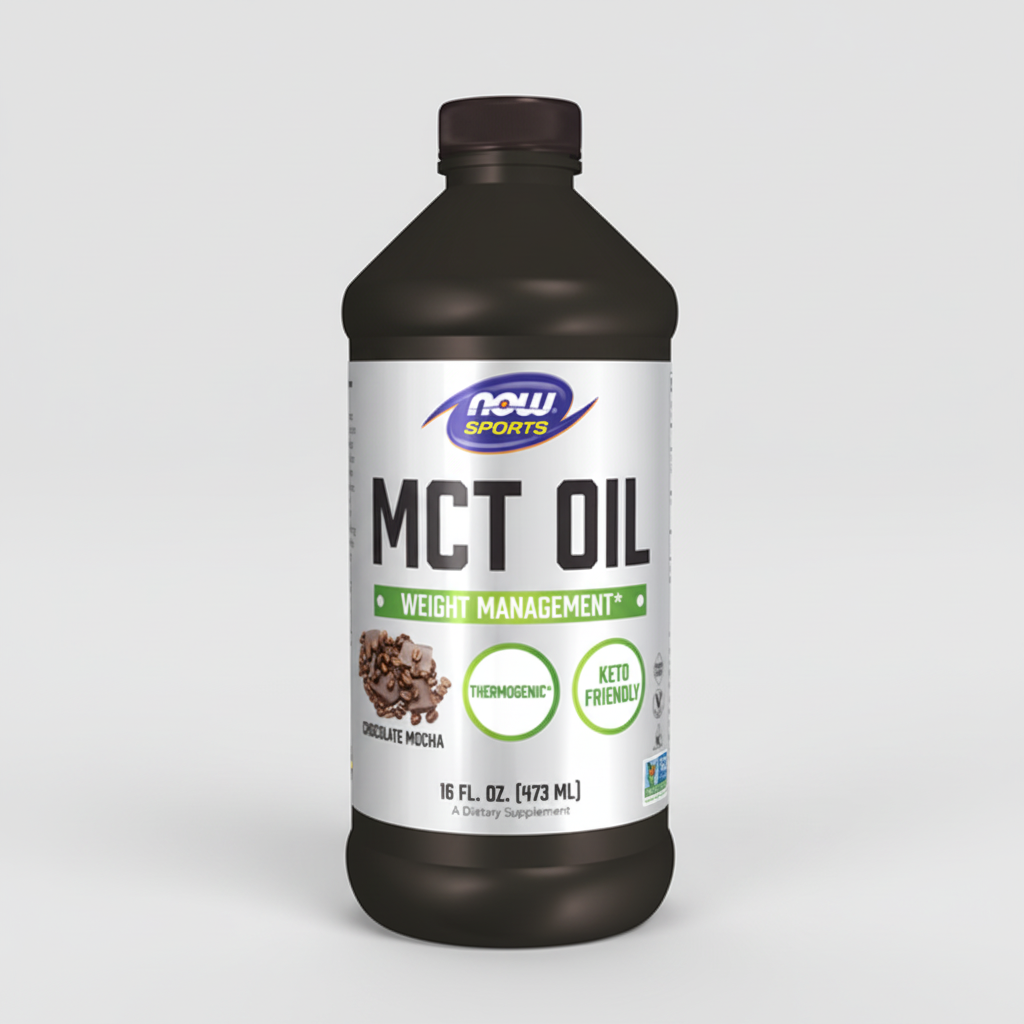 Bottle of MCT oil with Now Sports label on a white background