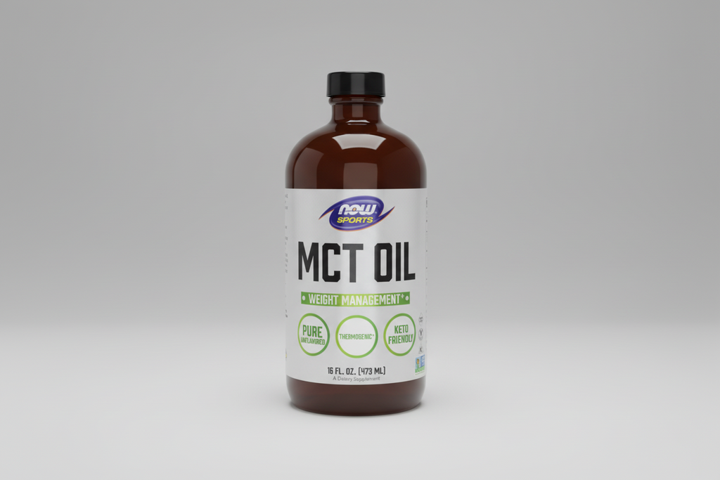 Bottle of MCT oil with Now Sports label on a white background