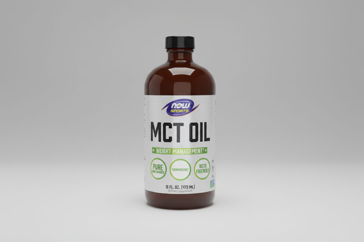 Bottle of MCT oil with Now Sports label on a white background