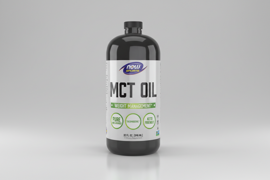 Bottle of MCT oil with Now Sports label on a white background