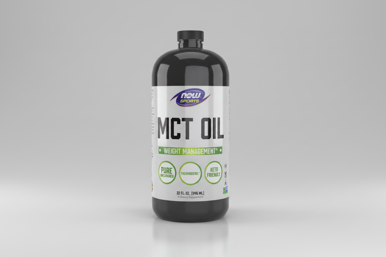 Bottle of MCT oil with Now Sports label on a white background