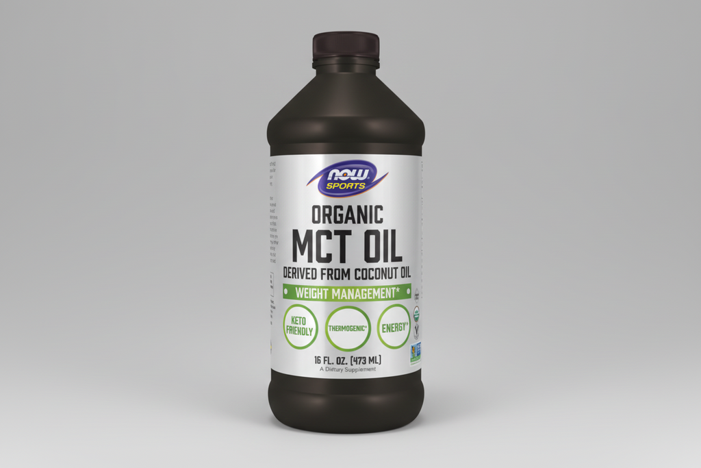 Bottle of NOW Sports Organic MCT Oil on a white background