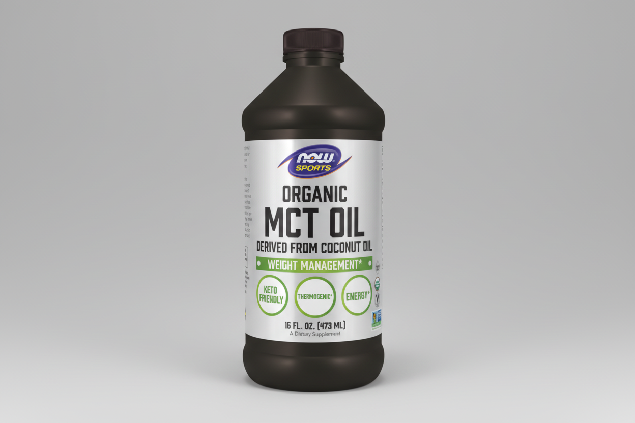 Bottle of NOW Sports Organic MCT Oil on a white background
