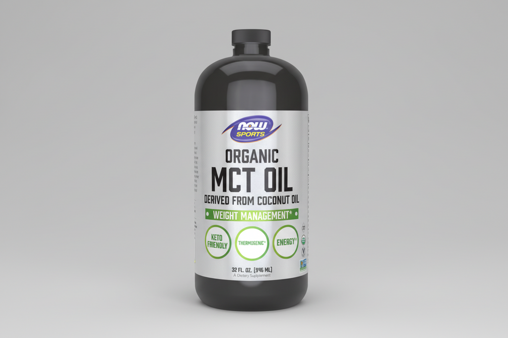 Bottle of NOW Sports Organic MCT Oil on a white background