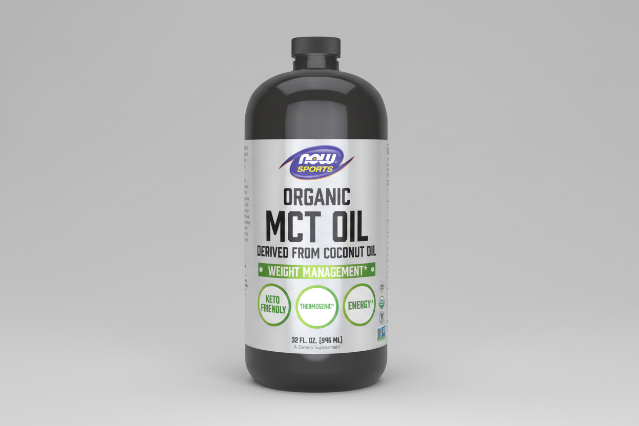 Bottle of NOW Sports Organic MCT Oil on a white background