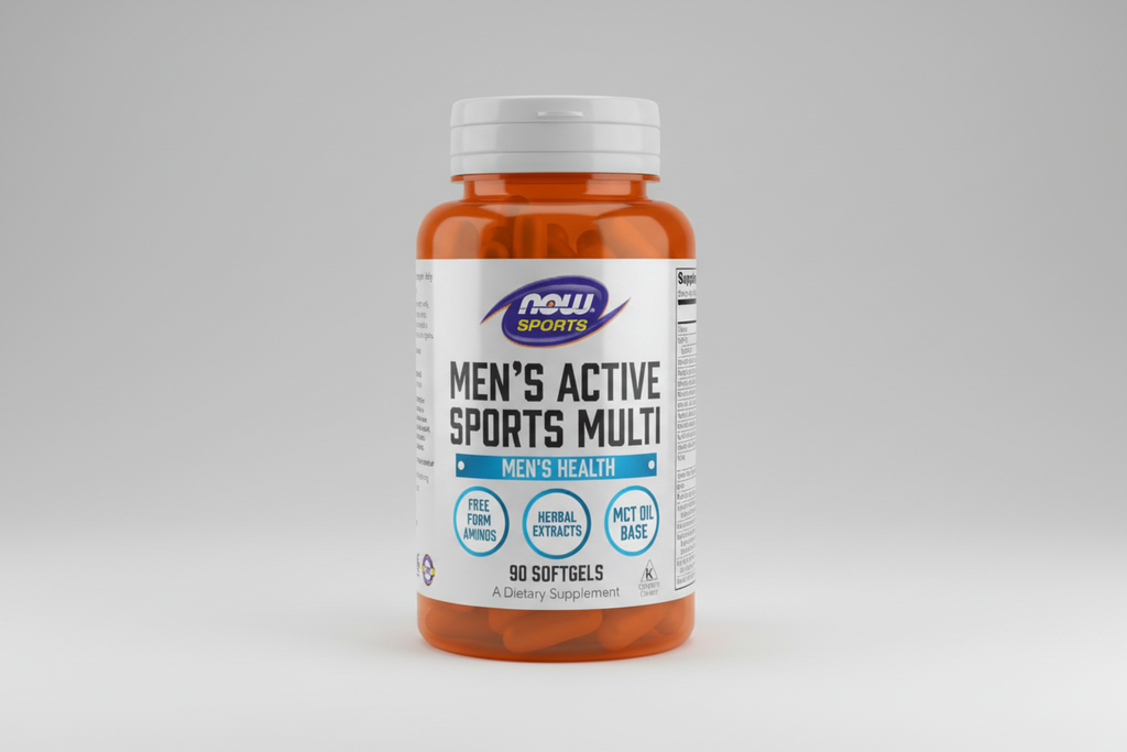 Supplement bottle labeled 'Men's Active Sports Multi' by NOW Sports on a white background