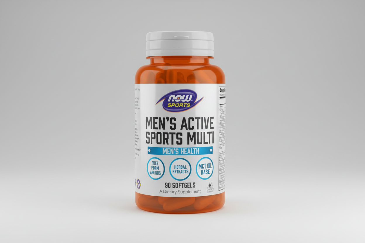 Supplement bottle labeled 'Men's Active Sports Multi' by NOW Sports on a white background