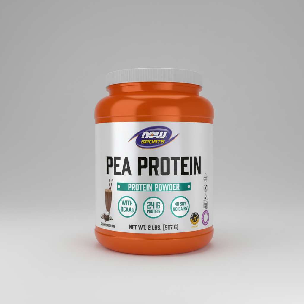 Orange and white container of NOW Sports Pea Protein on a white background