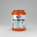 Orange and white container of NOW Sports Pea Protein on a white background