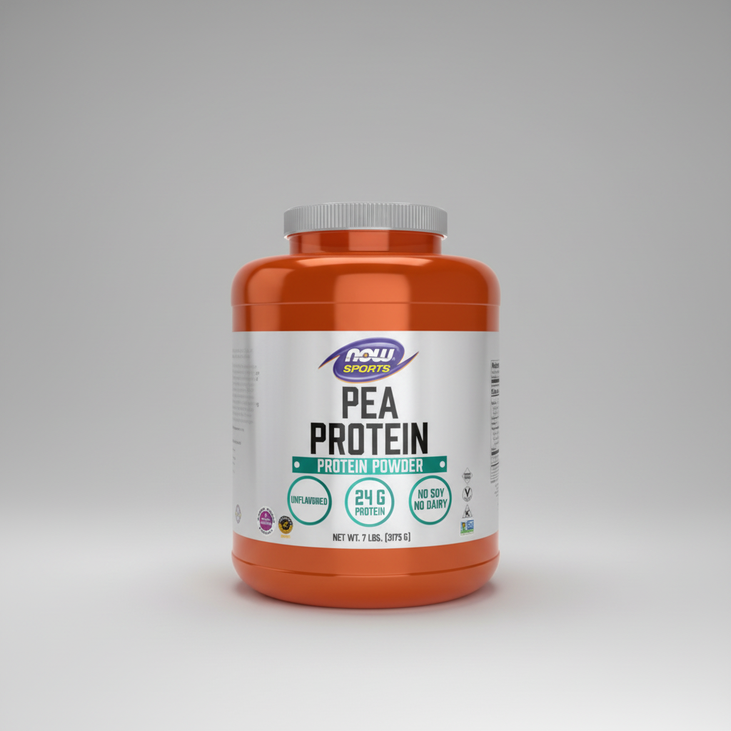 Orange container of NOW Sports Pea Protein Powder on a white background