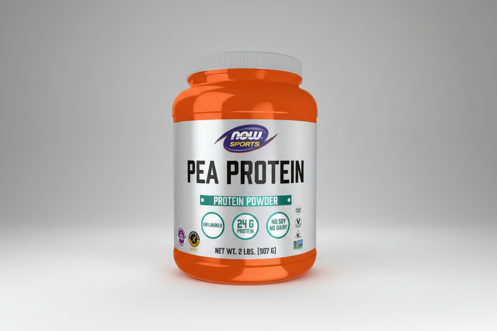 Orange and white container of Now Sports Pea Protein on a white background