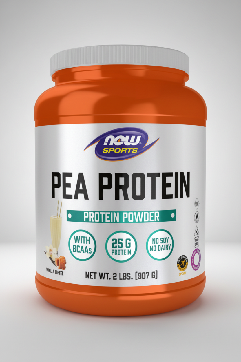 Orange container of NOW Sports Pea Protein Powder on a white background