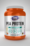 Orange container of NOW Sports Pea Protein Powder on a white background