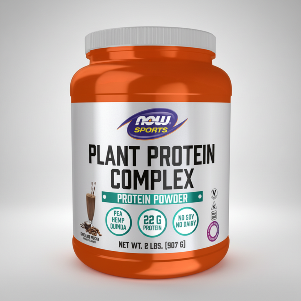 Orange and white container of Now Sports Plant Protein Complex on a white background
