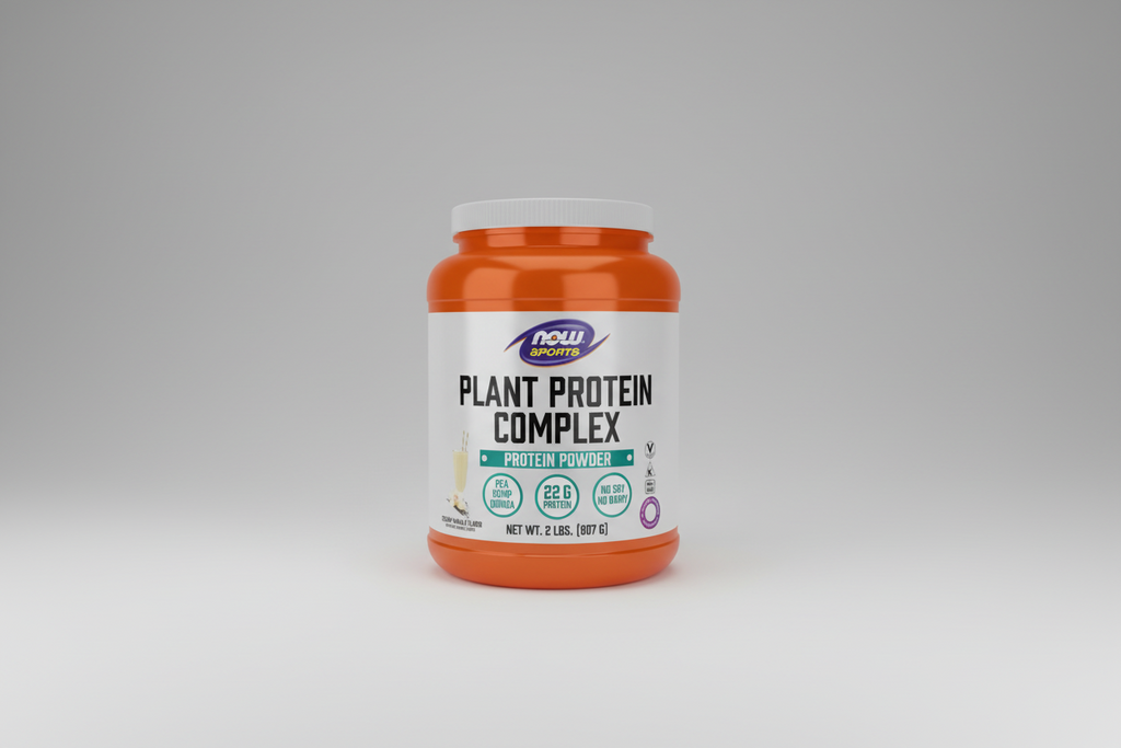 Orange container of Now Sports Plant Protein Complex on a white background