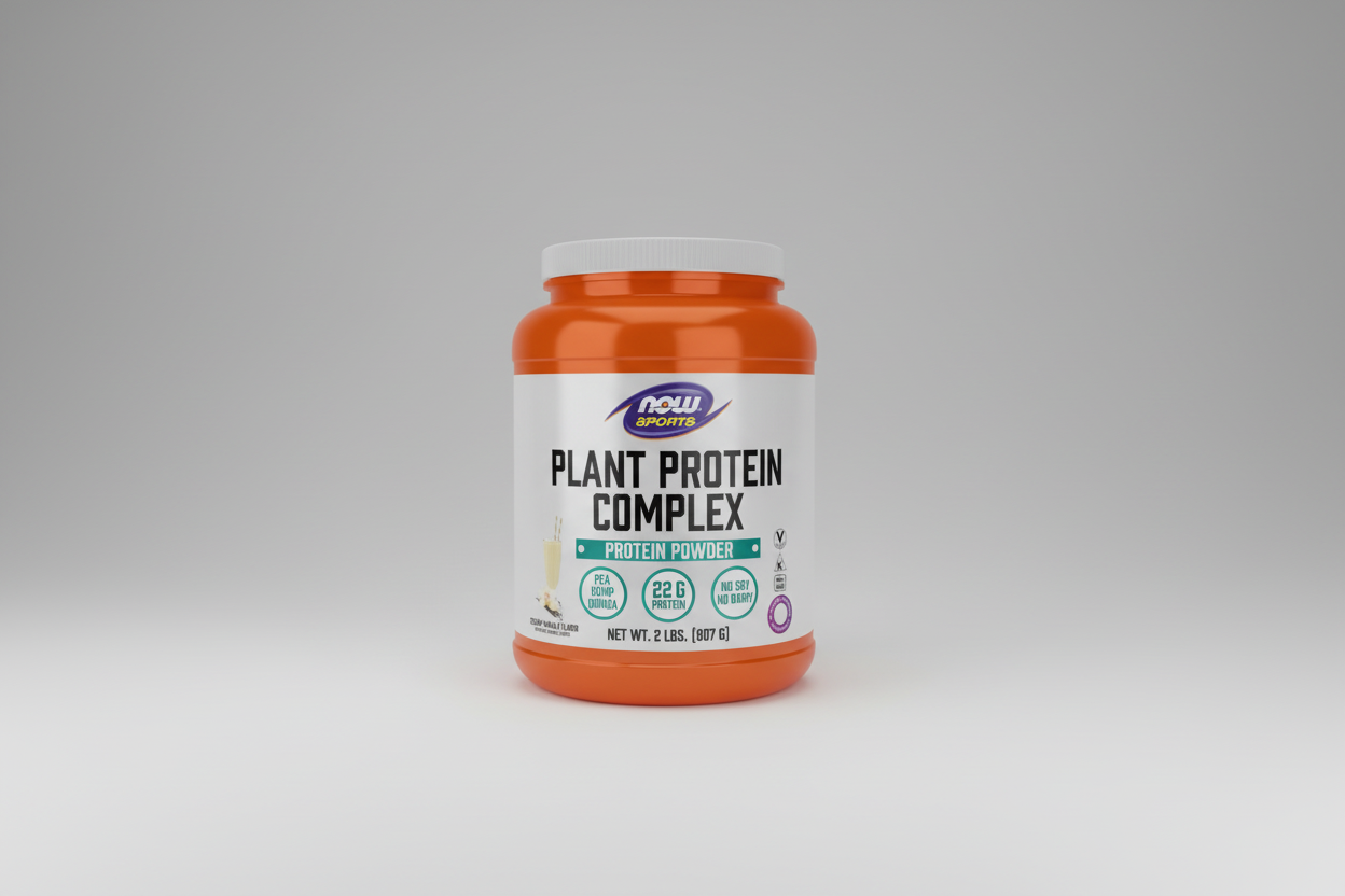 Orange container of Now Sports Plant Protein Complex on a white background