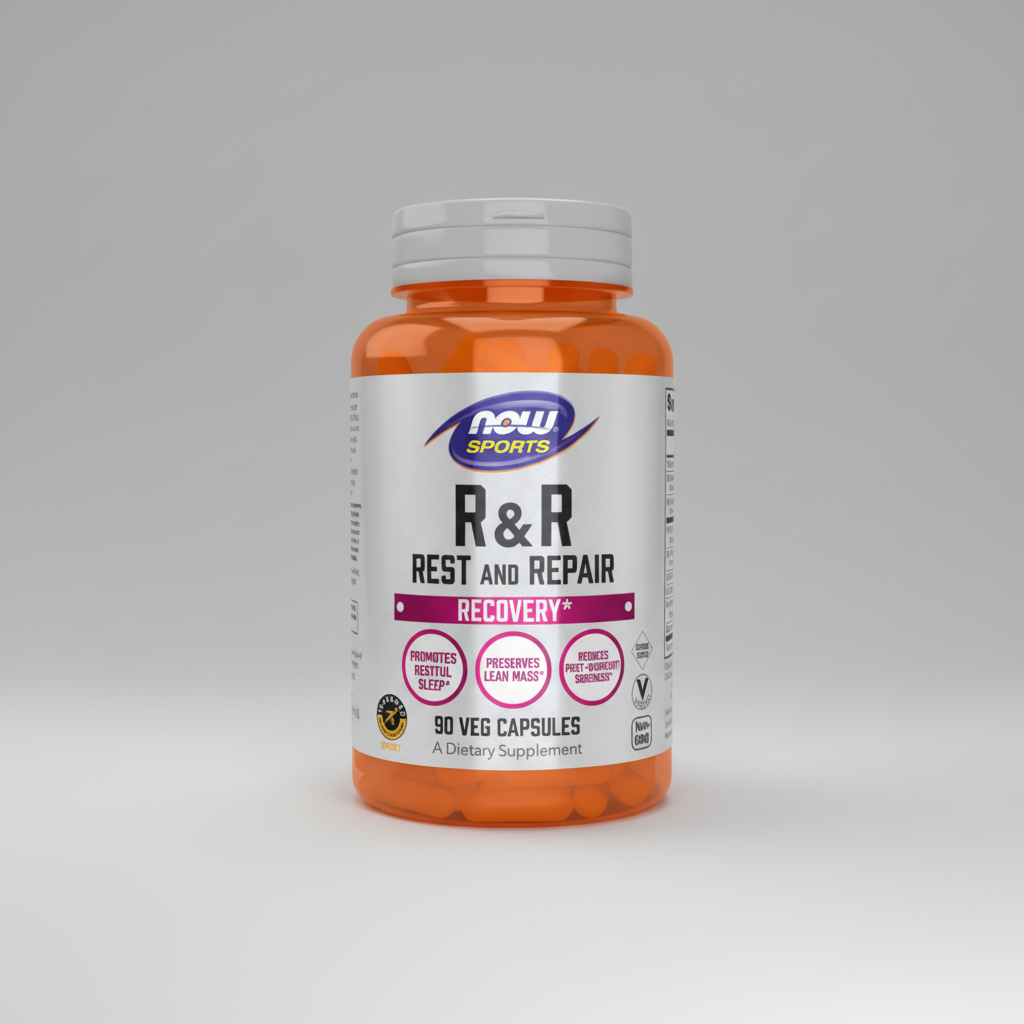 Supplement bottle labeled 'R&R Rest and Repair' by NOW Sports on a white background