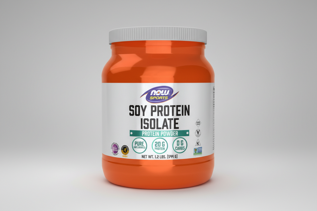 Orange container of NOW Sports Soy Protein Isolate on a white background