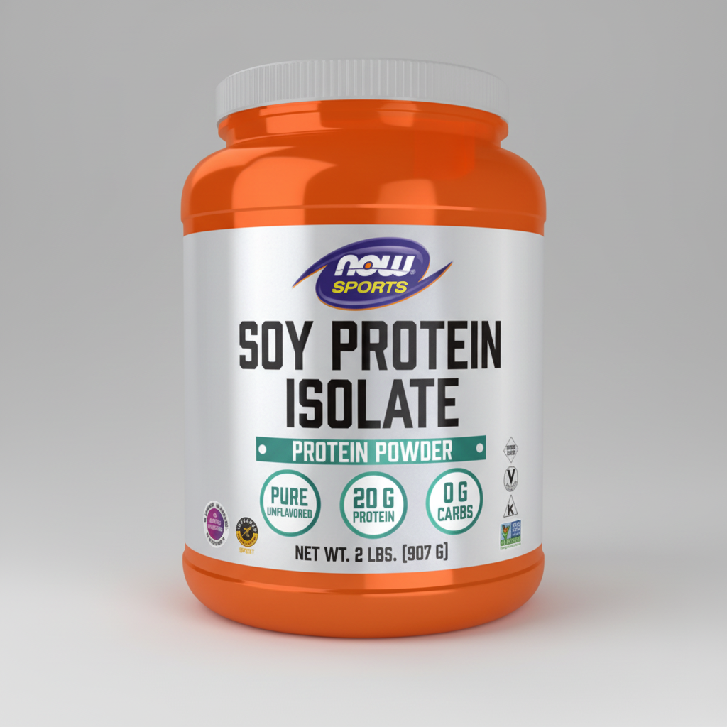 Orange container of NOW Sports Soy Protein Isolate on a white background