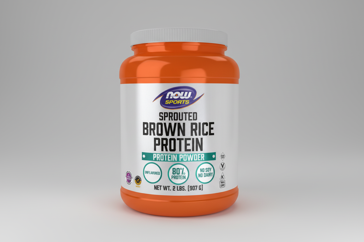Orange and white container of NOW Sports Sprouted Brown Rice Protein on a white background
