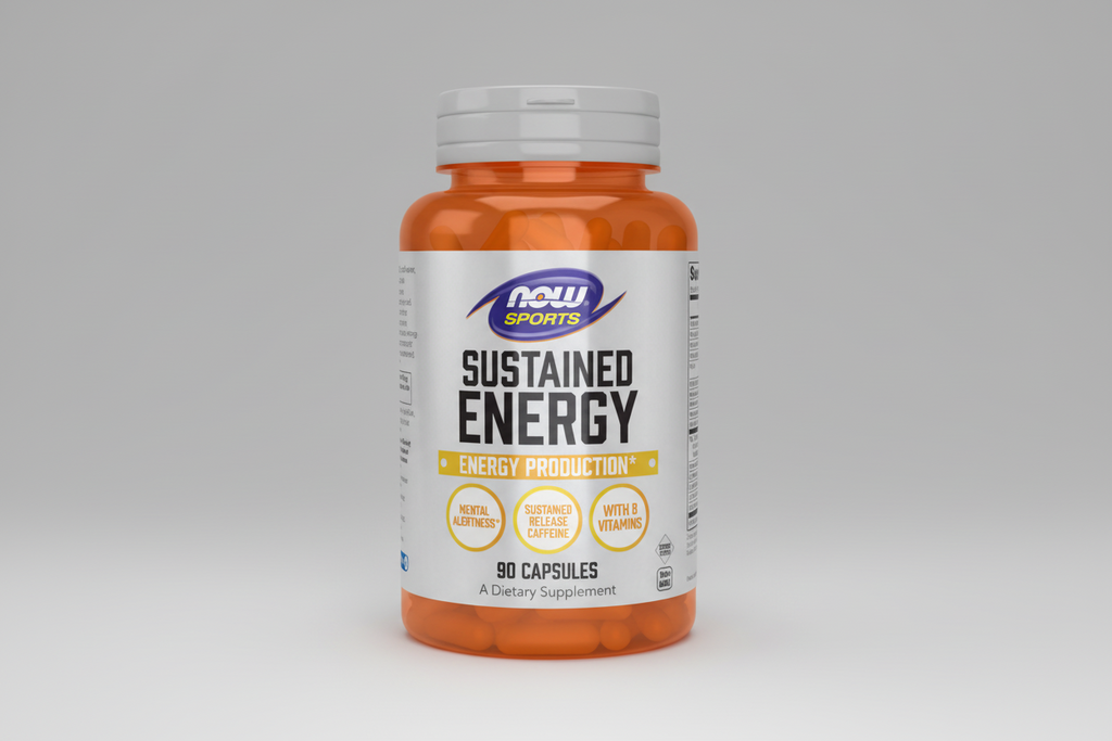 Supplement bottle labeled 'Sustained Energy' with Now Sports branding on a white background