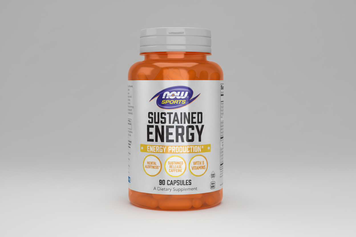 Supplement bottle labeled 'Sustained Energy' with Now Sports branding on a white background