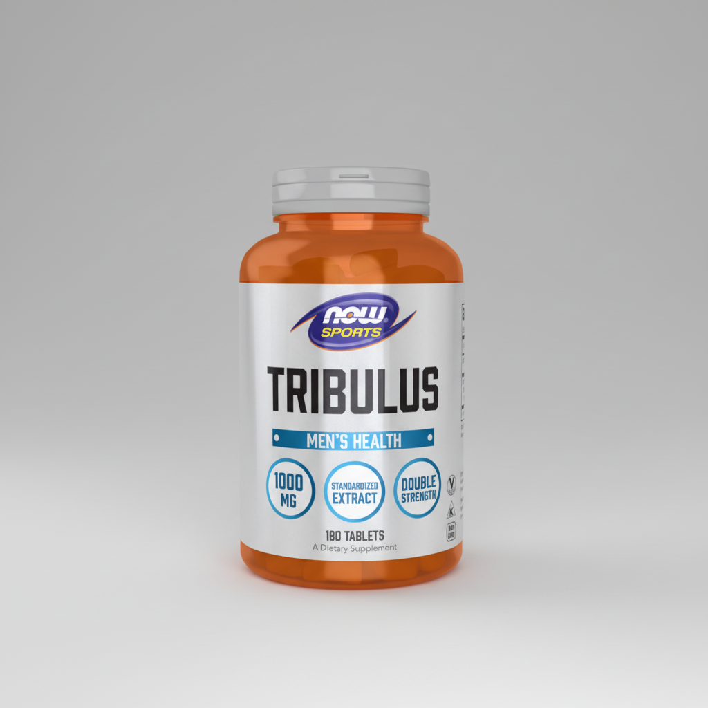 Supplement bottle labeled 'Tribulus' by NOW Sports on a white background