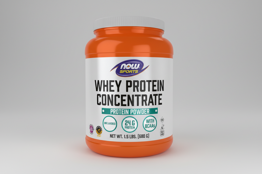 Orange and white protein powder container with NOW Sports label on a white background