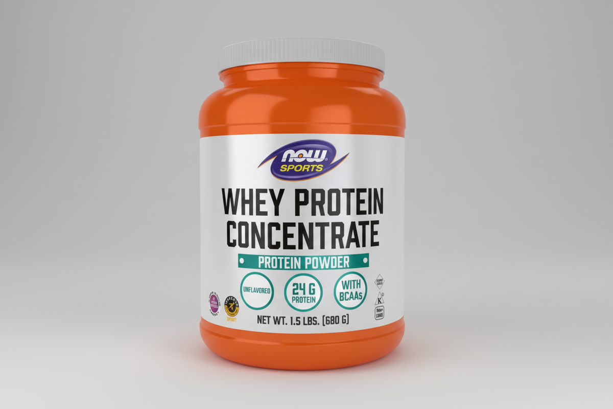 Orange and white protein powder container with NOW Sports label on a white background