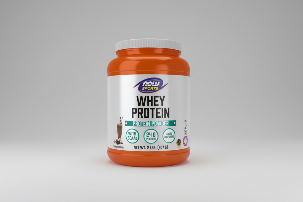 Orange and white container of NOW Sports Whey Protein on a white background